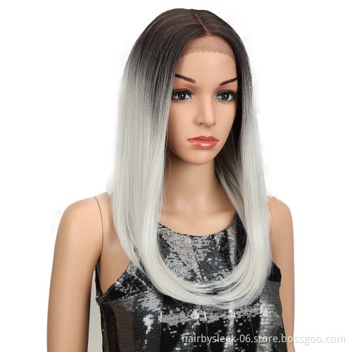 Magic Straight Synthetic Lace Front wig Middle Part gray Color 18 Inch Bob Wigs For Black Women Ombre Wig African American hair